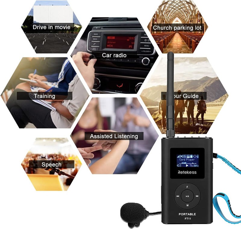 Retekess FT11 FM Transmitter,Portable FM Broadcast Transmitter for Church with Microphone, Rechargeable FM Radio Stereo Station for Drive-in Movie,Parking Lot,Support TF Card AUX Input - Image 4
